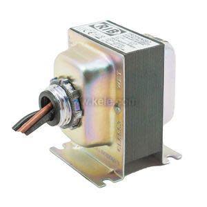 Small metal control transformer with mounting feet and two wires.