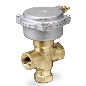 Brass cross valve with silver actuator and four ports.