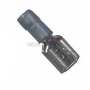 A small electrical connector consisting of a blue insulated sleeve and a metal female spade for crimping onto a wire