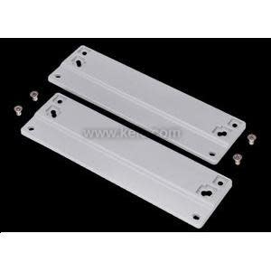 Pair of elongated grey plates with pre-drilled holes and rounded corners, shown with small screws arranged beside them.