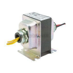 Compact metal transformer with cable gland and yellow and black leads, mounted on base plate