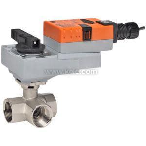 Industrial valve assembly featuring a stainless steel three-way pipe body and a rectangular orange and black actuator on top with wiring