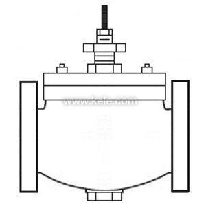 simple line drawing of a valve body with flanged connections on both sides, a stem and adjusting mechanism on top with two bolts
