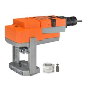 Bright orange rectangular actuator attached to a grey metal U-shaped frame, accompanied by a small silver ring and pin for mounting.