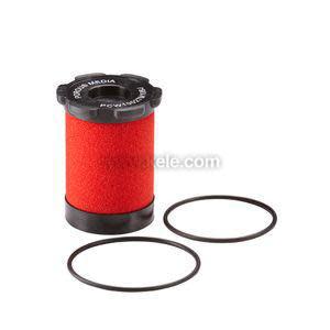 Red foam filter element shaped like a short cylinder with black caps on each end, accompanied by two circular rubber gaskets