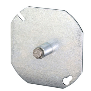 Square galvanized metal plate with two mounting slots and a small round vented port projecting from the center
