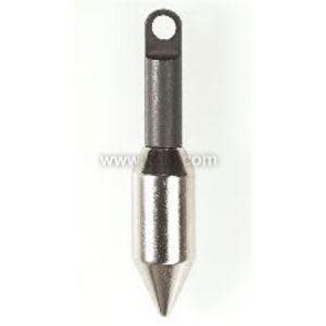 A cylindrical metal weight tapering to a point at one end, with an eyelet at the top for attaching a line.