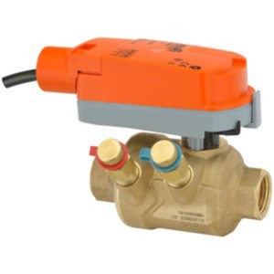 Brass valve with two vertical ports topped by coloured caps and an orange actuator mounted on top