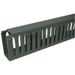 Long grey plastic cable duct with side slots and removable top cover.