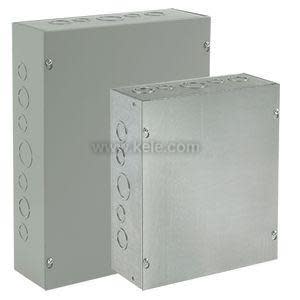Two gray metal junction boxes with removable covers and knockouts
