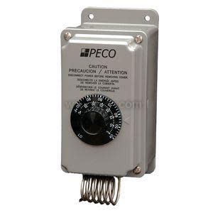 Rectangular grey metal box with a round black dial and a coiled bulb sensor extending from the bottom