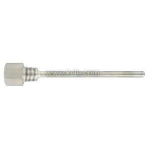 Metal thermowell with hexagonal threaded head and long cylindrical stem