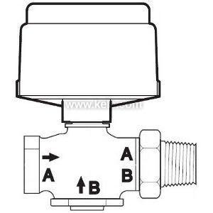 schematic of a three-way valve with large actuator housing, showing ports labeled A and B; one side has a male threaded connection, arrows indicate flow directions