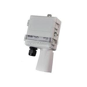 Grey rectangular sensor housing with cone-shaped white duct probe and black conduit connector