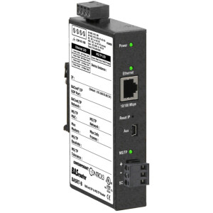 Black network router with printed configuration label, Ethernet RJ45 port, green status LEDs and terminal block connectors