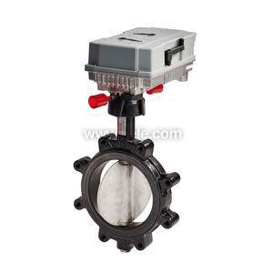 Circular flanged valve body supporting a grey motor unit; two small red levers allow manual control.