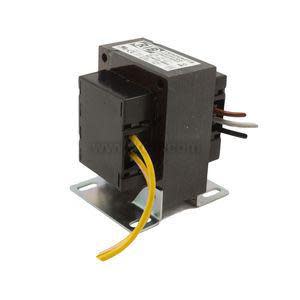 Small black transformer on metal bracket with colored wires