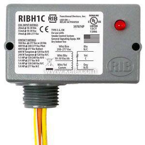 Rectangular gray RIBH1C module with red indicator light and printed contact ratings; wires exit from bottom.