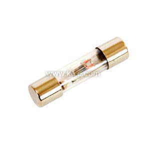 Tiny cylindrical fuse with clear glass body and metal caps at each end