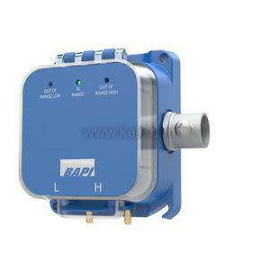 Blue rectangular device with digital screen and two ports connected to red tubing.