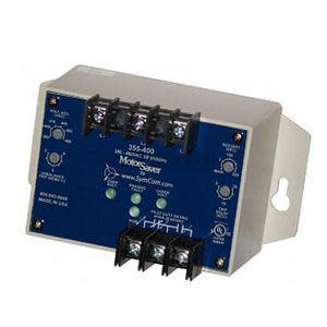 Blue control module in beige angled enclosure with LED status lights, black terminal blocks and screw mounting slots