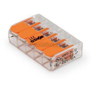 Small clear plastic connector block with five orange flip levers labelled 221
