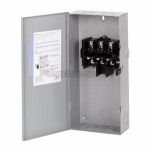 Photo of a grey metal outdoor electrical disconnect box with its door swung open, displaying the internal lugs and mounting points.