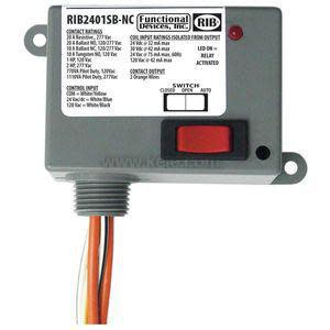 Small grey electrical relay box labeled RIB2401SB-NC featuring a red toggle switch and orange and white wires