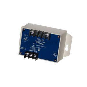 Rectangular module with a blue faceplate, rows of black screw terminals at the top and bottom and beige mounting ears