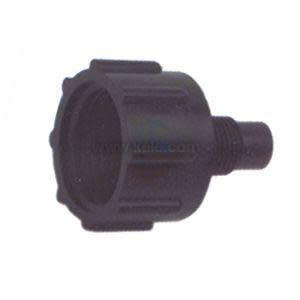 Dark plastic fitting shaped like a big knob with ridged sides and a narrow threaded nozzle at its base.