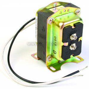 Metal transformer with iridescent mounting plate, black core with screw terminals and black and white wires