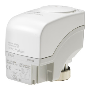 White square‑shaped actuator with smooth edges and a metal threaded ring at its base; connection diagram and ratings are printed on the side
