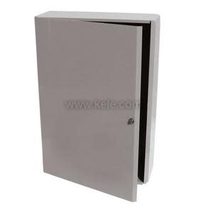 A rectangular grey metal enclosure is shown with its front door slightly opened; there is a tiny keyhole lock near the edge and the inside is dark, set on a simple white backdrop