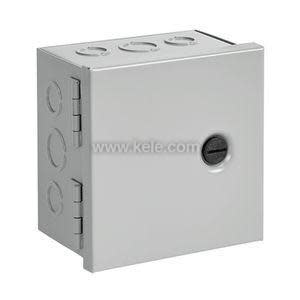 Rectangular grey box with hinged lid and clamp latch.