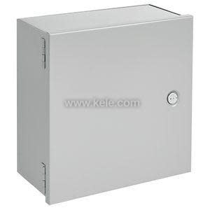 Plain grey rectangular box with flush hinged door and small round keyhole.