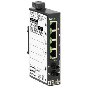 Black Ethernet switch with RJ45 ports and fiber connectors.