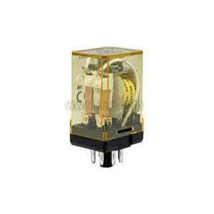 Small square relay with translucent yellow housing revealing coil and a black base with plug-in pins