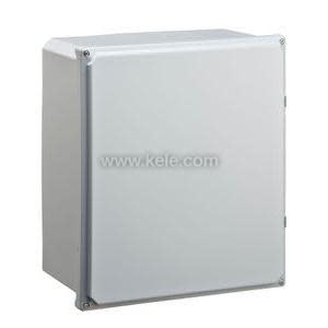 A light gray rectangular electrical cabinet with a smooth door secured by four corner screws.