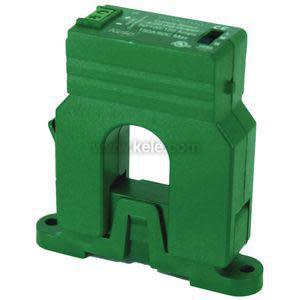 Green clamshell current sensor with hinged opening and white printed scale.