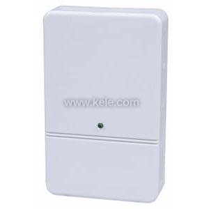 A plain rectangular white box with a thin horizontal seam and a single green light near the center.