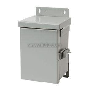 Small metal box with a hinged top and clamp closure.