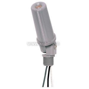Grey cylindrical light sensor with threaded base and two wires.
