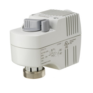 Compact white actuator with vented sides, grey rotary knob on top and a metal threaded collar at the bottom.