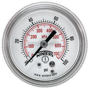 White‑faced circular pressure gauge showing measurements in kPa and psi with a single black needle pointing upward.