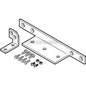 Simple line diagram of two brackets and a set of screws and nuts.