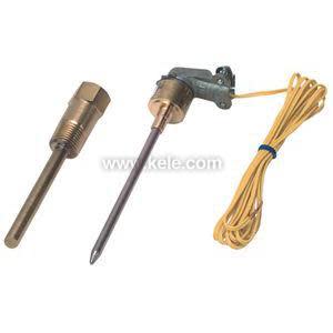 Temperature sensor assembly featuring a brass thermowell and a slender stainless probe with grey head and long yellow wire