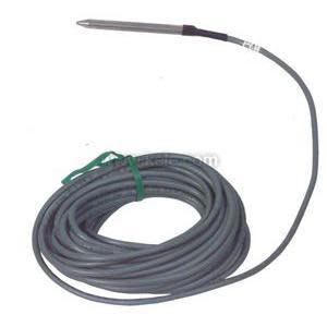 Small stainless probe attached to long grey cable with terminal wires