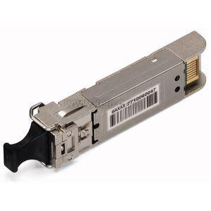 Close-up of a silver SFP transceiver module featuring a black latch handle and gold connector edge for networking equipment.