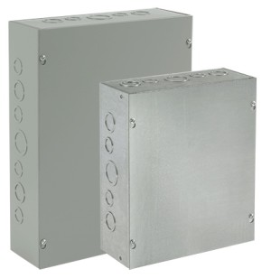Two gray metal boxes with removable screw-on covers and circular knockouts on the sides and top.