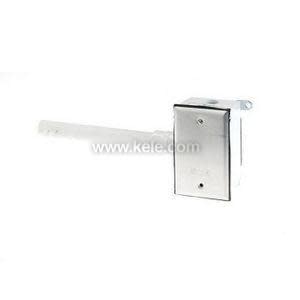 A rectangular metal wall plate with two screws and a plastic probe extending horizontally from one side.